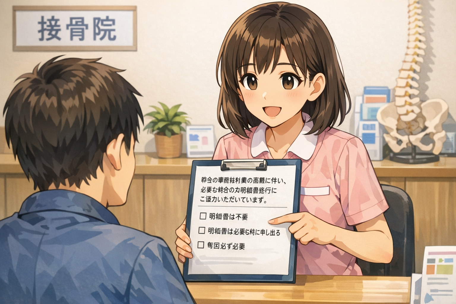 接骨院の受付で明細書の要否について患者に確認している場面のイラスト